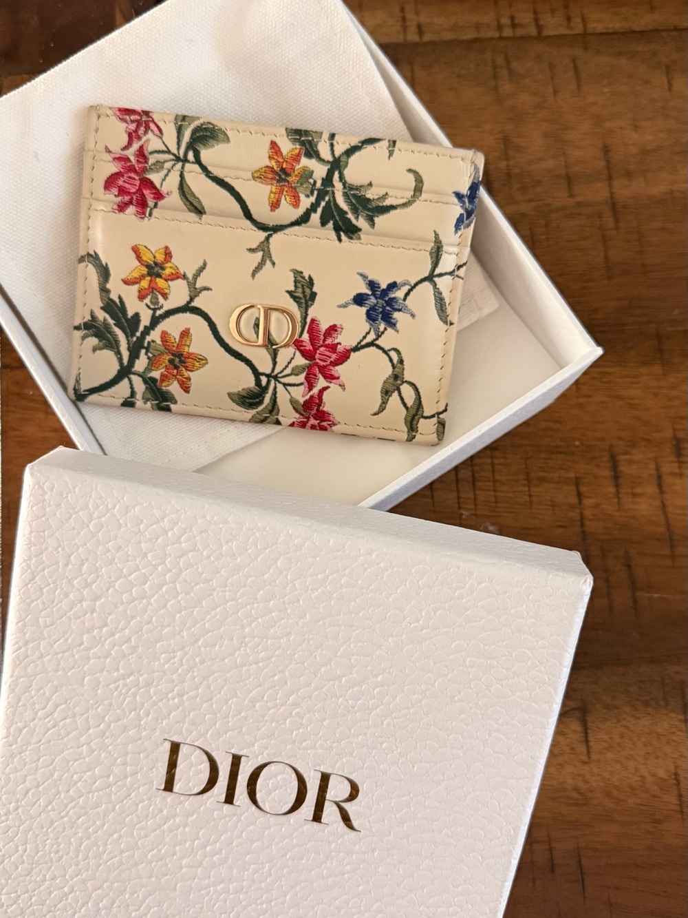 Dior Caro Card holder Creme Floral with Gold CD Logo